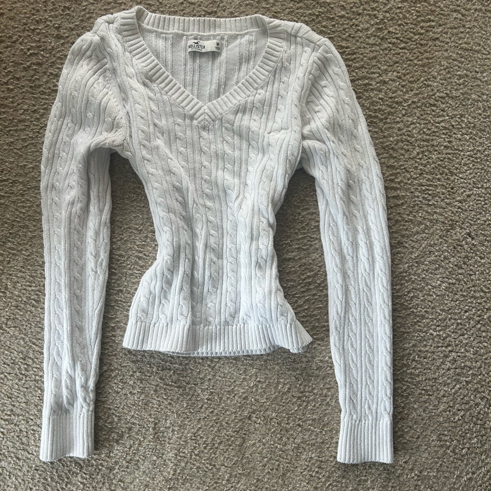 Hollister White Cable Knit V-Neck Sweater